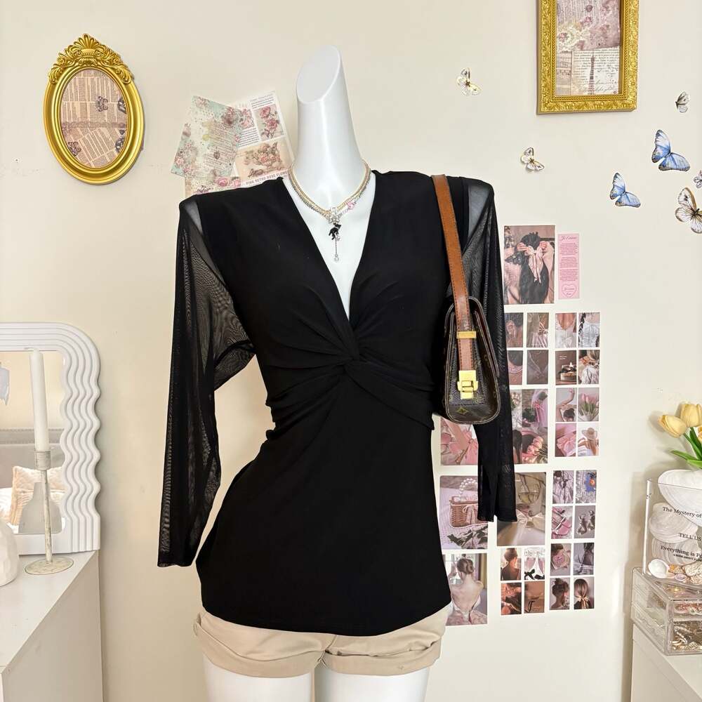 Anne Klein Black V-Neck Twist Front Long Mesh Sleeve Top Size L